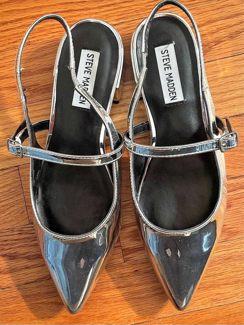 Steve Madden Silver Metallic Pointed Toe Slingback Mary Jane Heels 7.5 - EUC